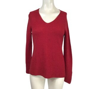 Eileen Fisher Red 100% Italian Wool Diagonal Ribbed V-Neck Sweater Petite PS